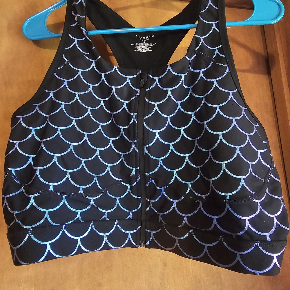 Torrid Black Sports Bra with Blue Scallop Design